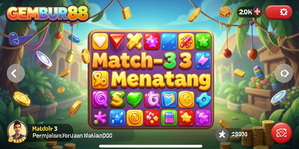Screenshot gameplay utama GEMBUR88 menampilkan keseruan permainan Match-3.
