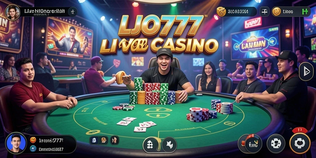 Tampilan gameplay LJO777 dengan dealer langsung dan suasana kasino yang hidup.