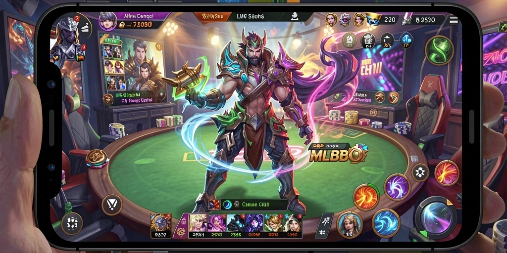 Tampilan utama MLBB8 dengan dealer langsung dan permainan kasino.