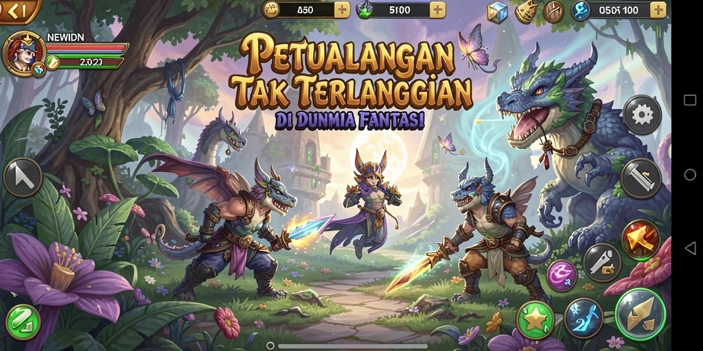 Screenshot gameplay NEWIDN menunjukkan karakter beraksi di dunia petualangan.