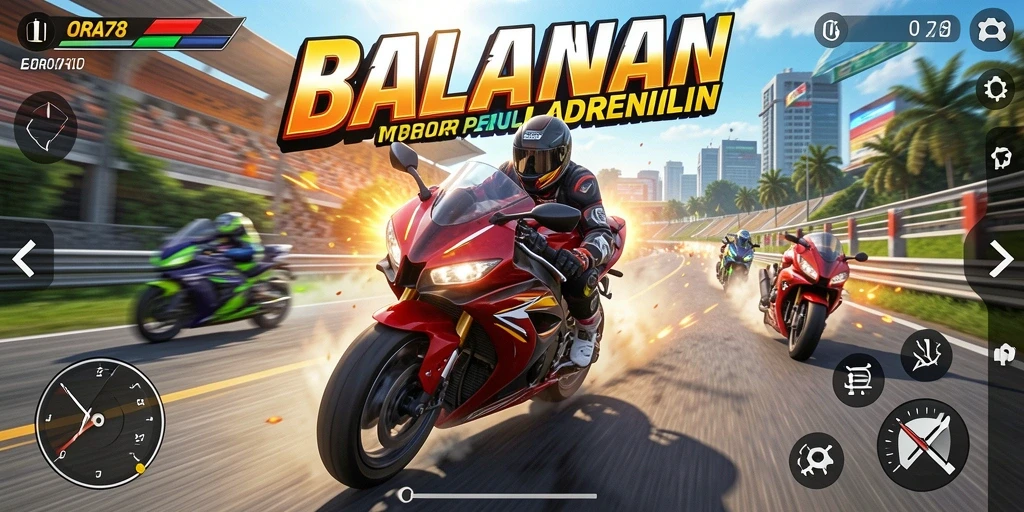Screenshot ORA78 menampilkan aksi balapan motor yang mendebarkan.