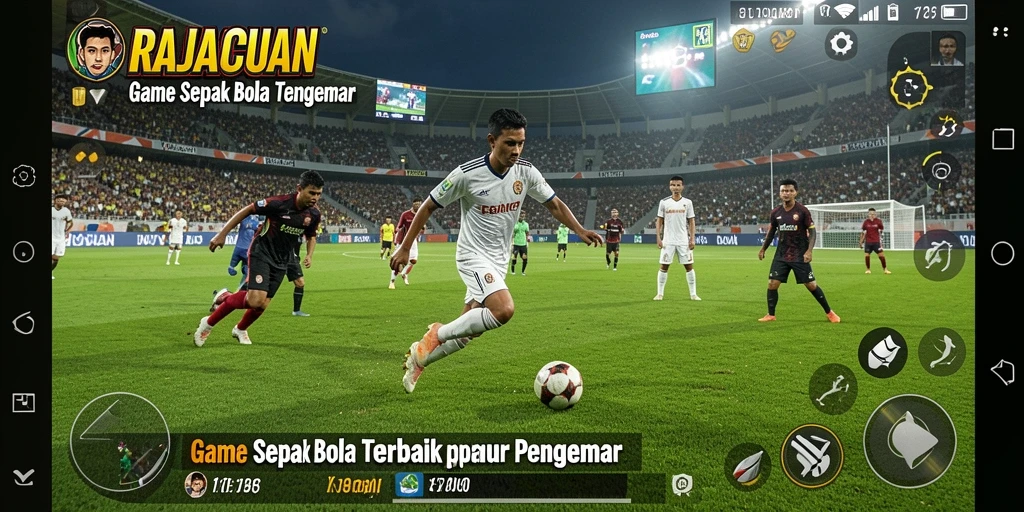 Tangkapan layar menunjukkan momen seru pertandingan sepak bola dalam RAJACUAN.